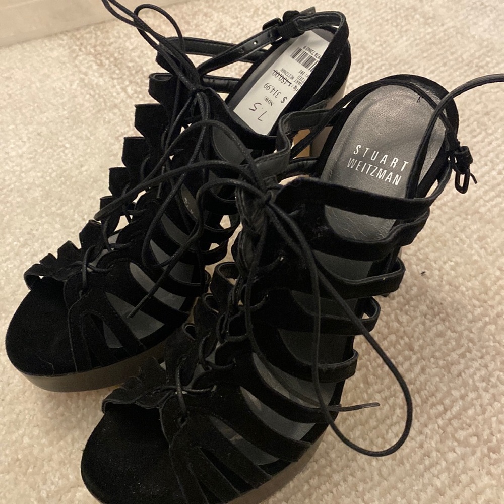 Black suede open toe heels